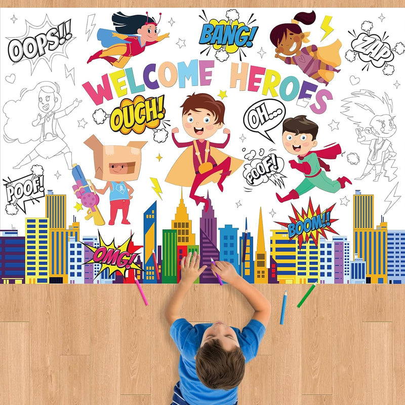 Hero-Themed Giant Coloring Poster for Kids, Inspirational Cityscape Art Activity