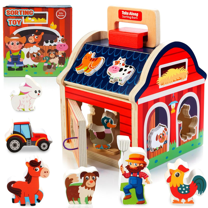 Farm Animals Toys For 1 2 3 Year Old Girls Boys, Wooden Take Along Sorting