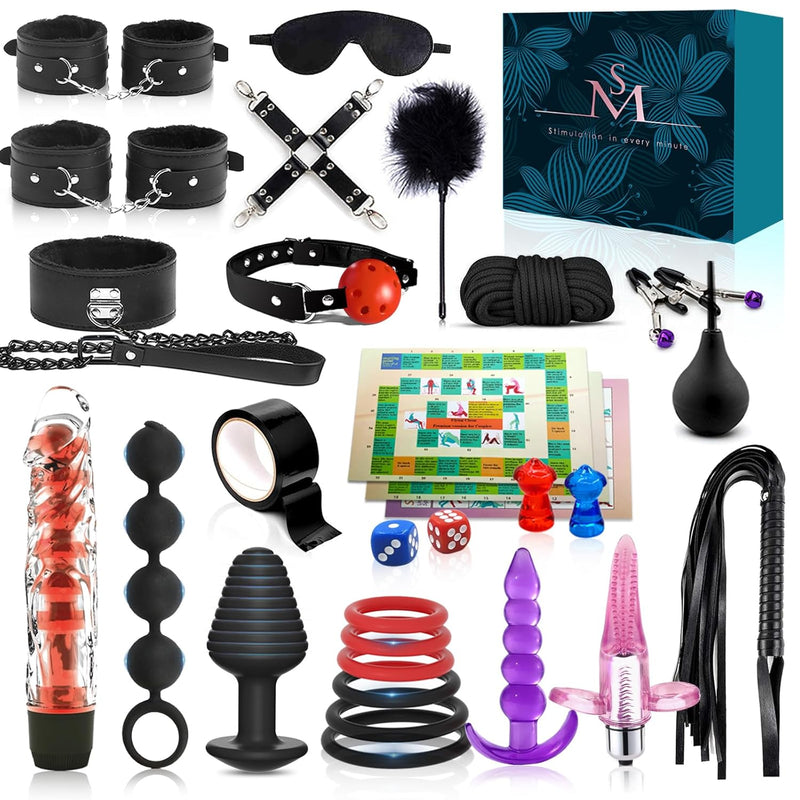 Sex Bondage Bdsm Kit Restraints,30Pcs Leather Bondage,Sex Bdsm Toys With Adjustable Handcuffs And Anal Plug Toys,Sex Things For Couples Kinky, Sex Bondage Set For Women Couples &Sex Toy Kit,Sm Games