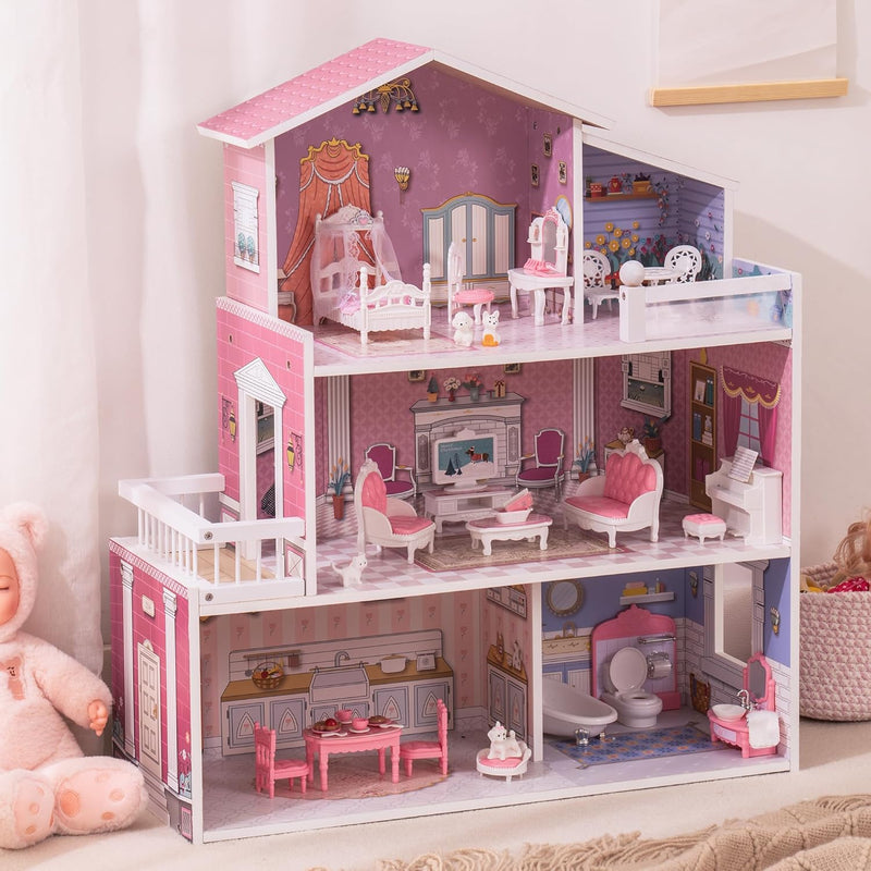 ROBUD Wooden Dollhouse Playset, 3 Stories, 5 Rooms, 24 PCS Furniture, Prete