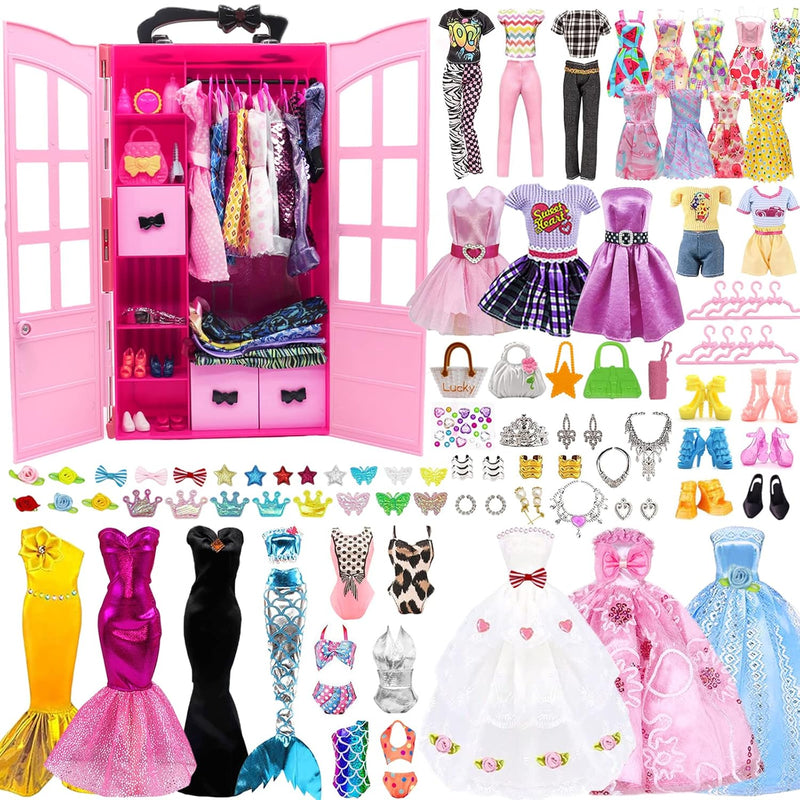 98 Pcs Doll Clothes Outfit For Doll With Doll Closet, 3 Princess Dresses+15 Dr