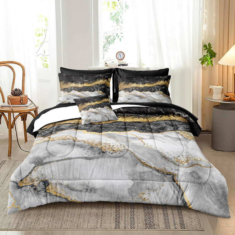 Black Comforter Queen Bed In A Bag Gold Metallic Marble Bedding Set Black And