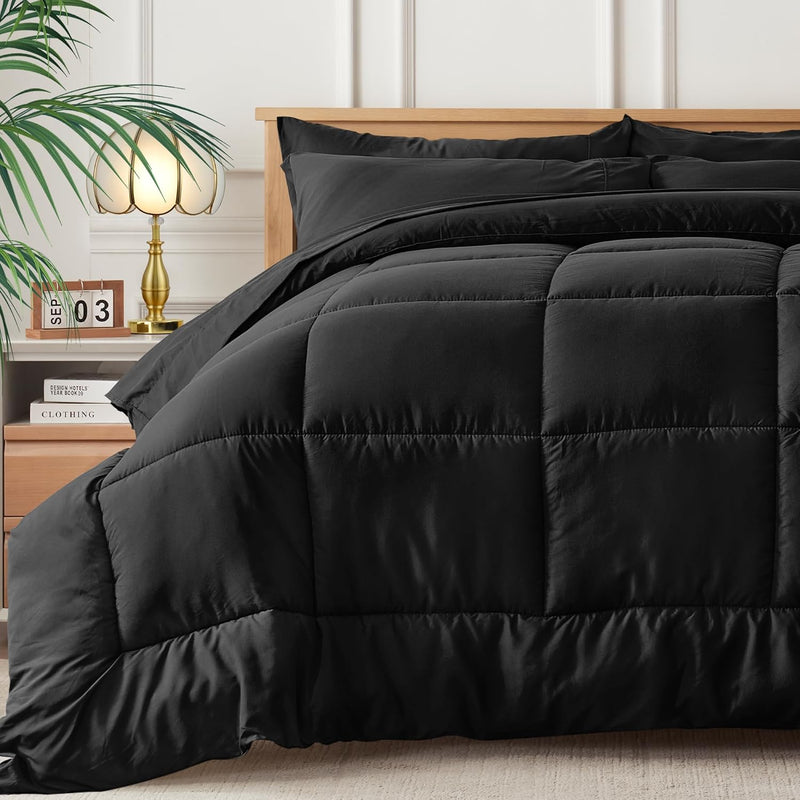 Full Bed In A Bag - 7 Pieces Black Comforter Set, Lightweight All Season Ultra