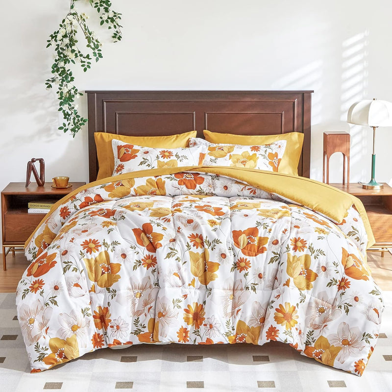Yellow Floral Comforter Sheet Set Bed In A Bag 6 Pieces Twin Size Orange Flowe