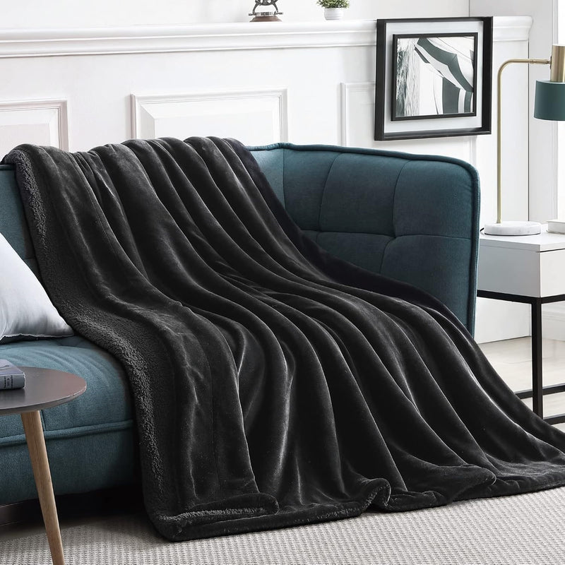 Sherpa Fleece Blanket (Twin Size 60”X80” Black) Plush Throw Fuzzy Super Soft R