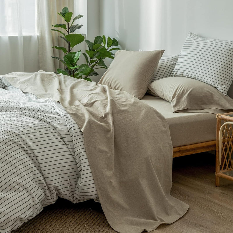 Bedding Sheet Set 100% Washed Cotton Linen Like Textured Breathable Durable So