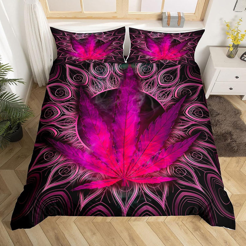 Cannabis Leaf Bedding Set Purple Marijuana Decor Comforter Cover Boho Exotic M