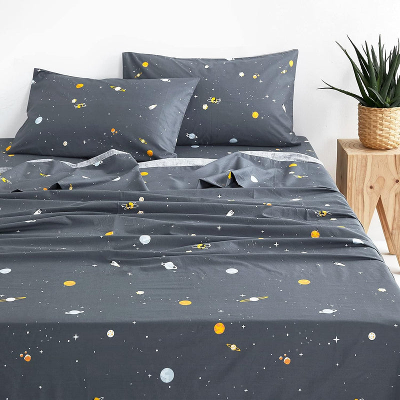 - Spaces Sheet Set, 100% Cotton Bedding, Gray Grey With Stars Rockets Pattern