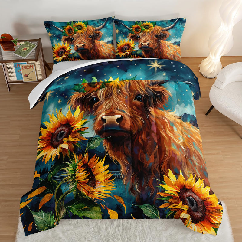 Highland Cow Comforter Set,Western Farmhouse Animals Cow And Sunflower Print B