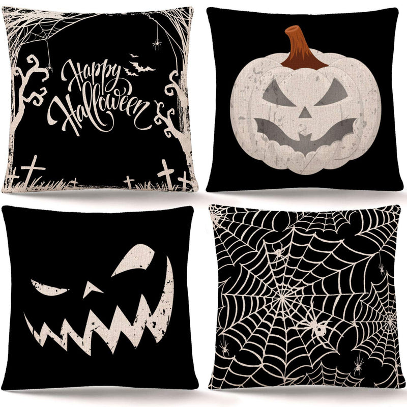 Happy Halloween Pillow Cover Pumpkin Spider Web Pillow Case Black Linen Throw