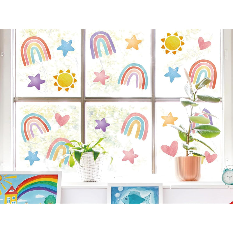 9 Sheet Boho Rainbow Window Clings Stickers Watercolor Rainbow Heart Sun Star