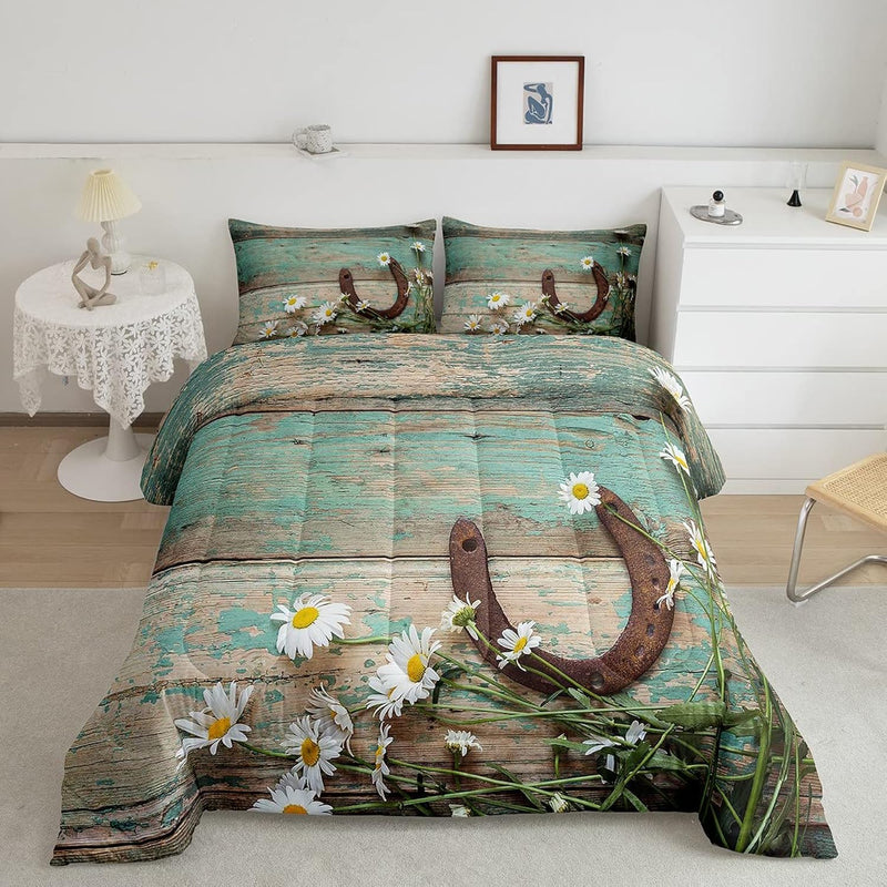 Rustic Farmhouse Bedding Set Teal Country Wooden Barn Door Down Comforter Twin