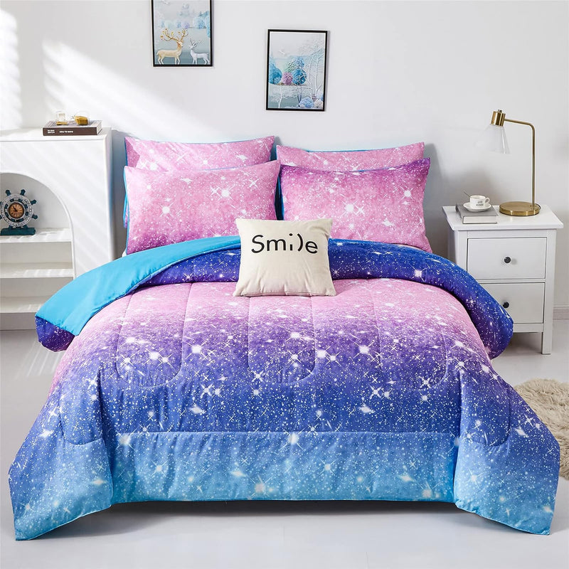 Purple Glitter Comforter Set Full/Queen Size For Girls, Sparkle Galaxy Twinkle