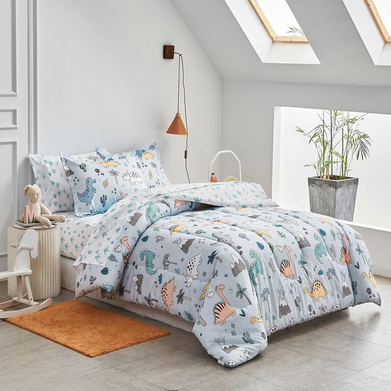 7 Piece Queen Size Bed In A Bag, Colorful Dinosaur On Light Blue, Soft Microfi