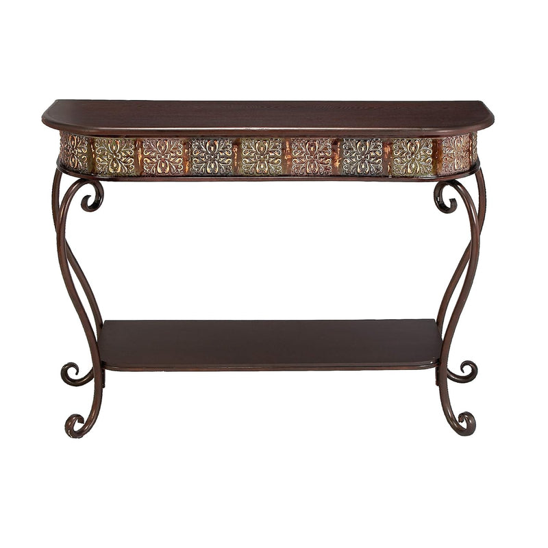 Metal Floral Embossed 1 Shelf Console Table With Ornate Scroll Legs, 43" X 14"