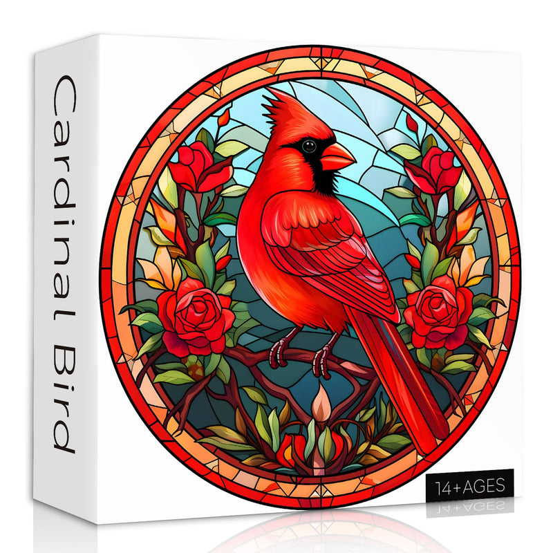 Stained Glass Puzzle Bird Puzzles For Adults 1000 Pieces, Round Cardinal Bi