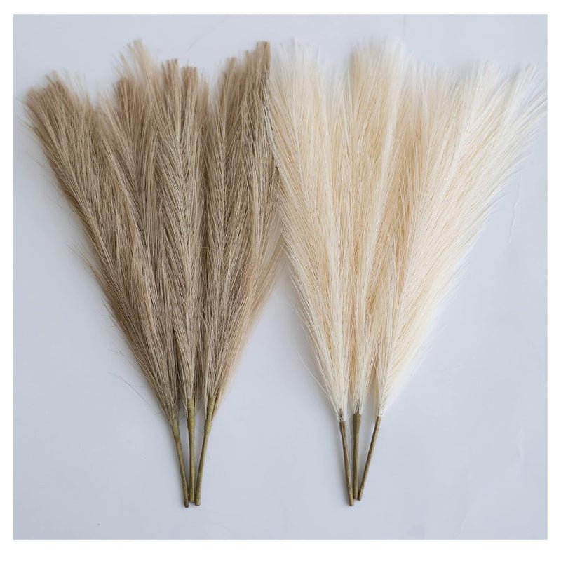 -Pampas Grass Decor Tall-Faux Pampas Grass Small 17"-6 Stems-Beige And Taupe-B