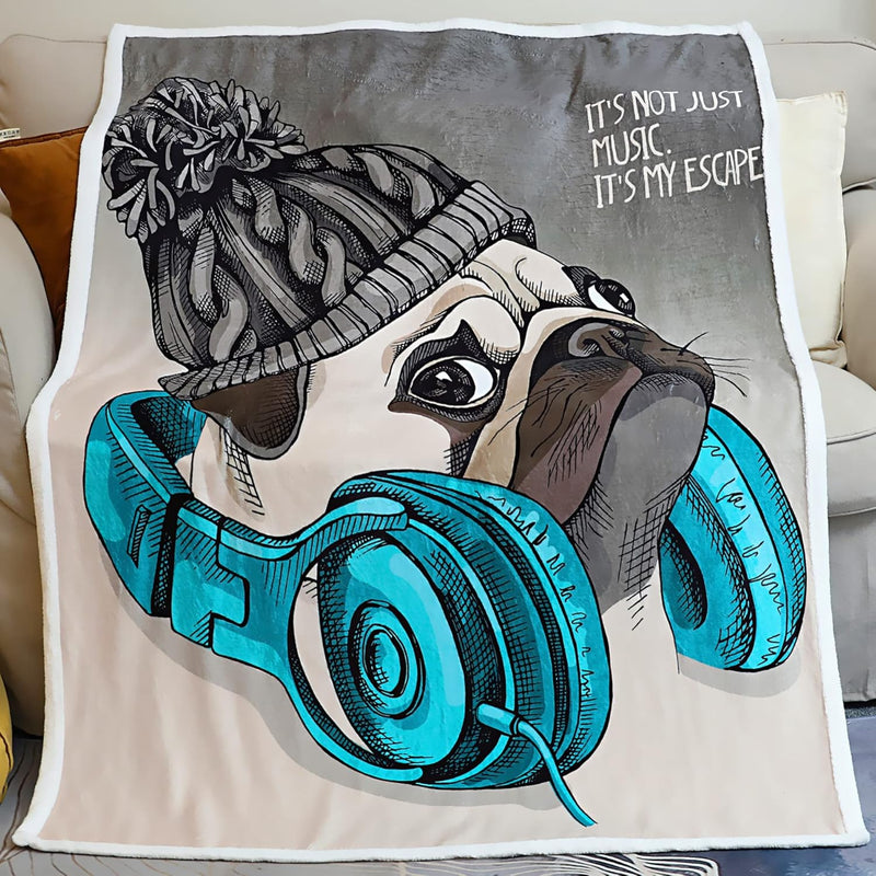 Pug Blanket, Cool Listening To Music Puppy Fleece Blanket Super Soft Warm Thro