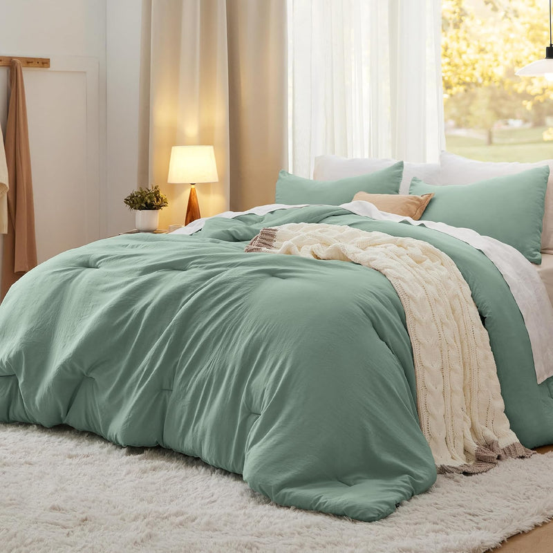 Queen Size Comforter Sets, Sage Green Soft Prewashed Bed Comforter For All Sea