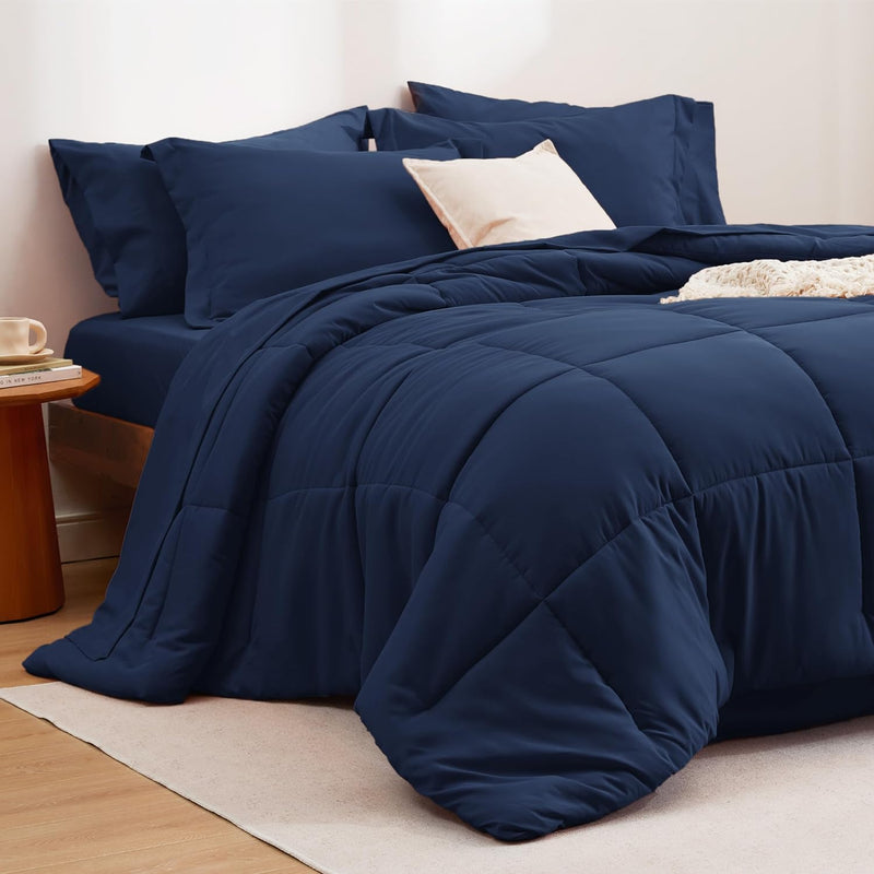 Navy Bedding Sets Queen - 7 Pieces Solid Queen Bed In A Bag, Queen Bed Set Nav