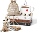 6 PCS Coffee Bar Decor Mini Coffee Bar Accessories Coffee Bar Sign Coffee Tiered Tray Decor Coffee Wooden Book Stacks Rustic Farmhouse Coffee Table Sign