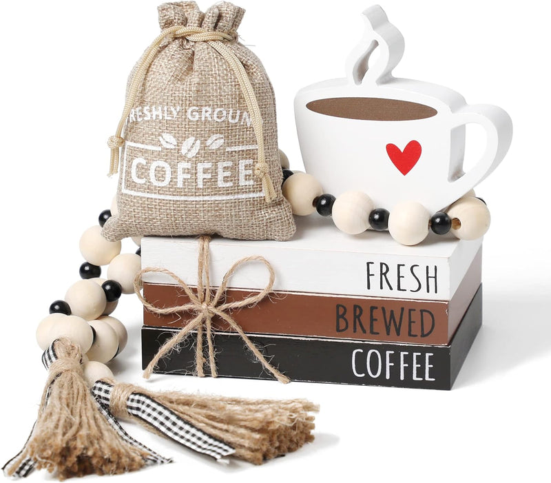 6 PCS Coffee Bar Decor Mini Coffee Bar Accessories Coffee Bar Sign Coffee Tiered Tray Decor Coffee Wooden Book Stacks Rustic Farmhouse Coffee Table Sign