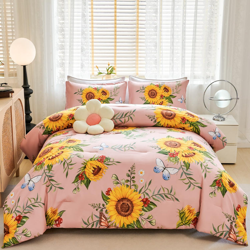 Sunflower Comforter Set Queen Pink 3-Piece Yellow Floral Bed Set Butterfly Blu