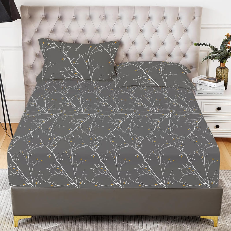 Twin Fitted Sheet With Pillowcase - Plant Print - Premium 1800 Thread Count Br