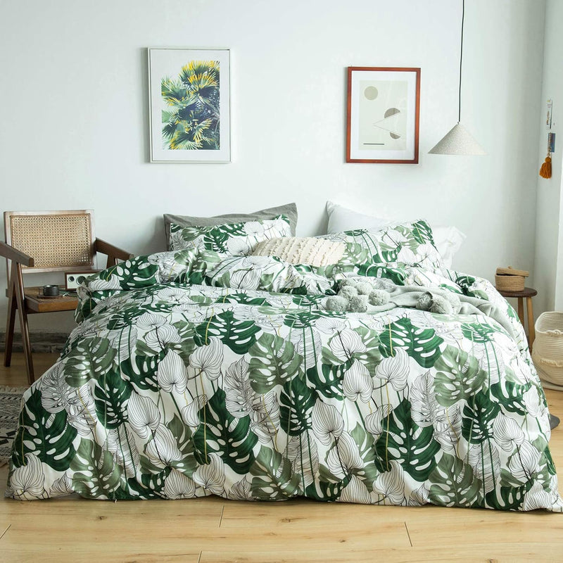 Green Botanical Duvet Cover Queen 100% Cotton Tropical Plant Duvet Cover Set 3