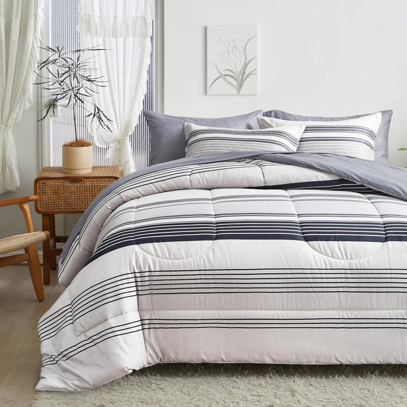 3 Pcs Gray Striped Boho Comforter Set Full/Queen Size, Grey And Black Stripes