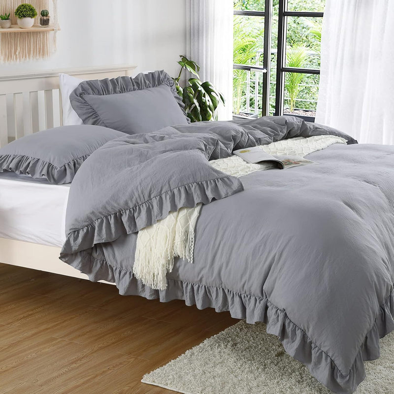Grey Ruffled Duvet Cover Twin, 2Pcs Soft Washed Microfiber Vintage French Coun