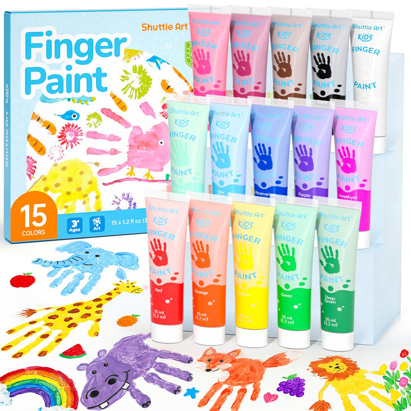 15 Color Washable Finger Paint Set for Toddlers, Non-Toxic 1.2 oz Bottles