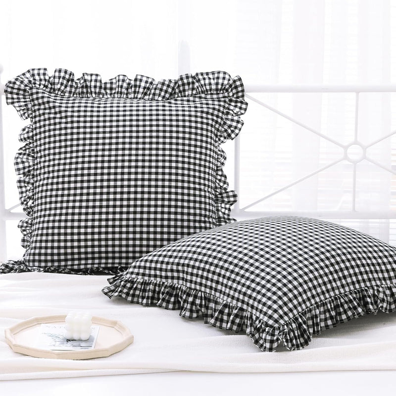 2 Pack Black And White Plaid Ruffle Euro Shams Pillow Covers 26X26 Inches, Was