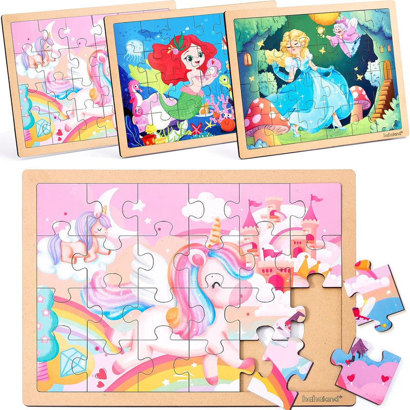 hahaland Puzzles for Kids Ages 4-6 - 3 Pack of 24 Piece Wooden Puzzles for