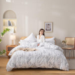 3Pcs White Comforter Set, Soft Microfiber Bedding Plant Flowers Printed Comforter With 2 Pillow Cases For All Seasons(Queen)