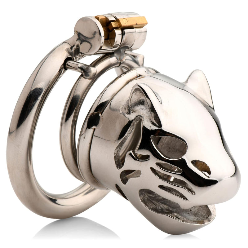 Caged Cougar Locking Stainless Steel Chastity Cage For Men & Couples, Secure Locking Mechanism 2 Matching Keys With Convenient Cum-Thru Tip & Adjustable Rings, 6 Piece Set - Silver