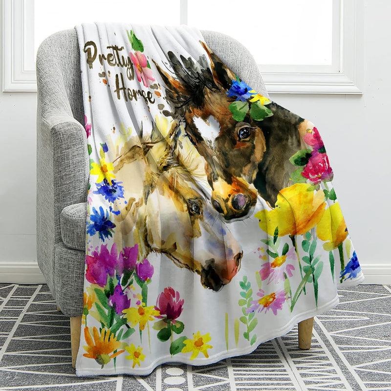 Horse Floral Blanket Animal Flower Pattern Print Throw Blanket Super Soft Comf