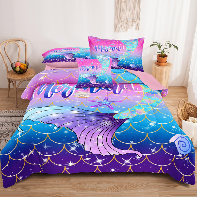6Pcs Mermaid Bedding Set Queen Size For Girls Glitter Bed In A Bag For Girls C