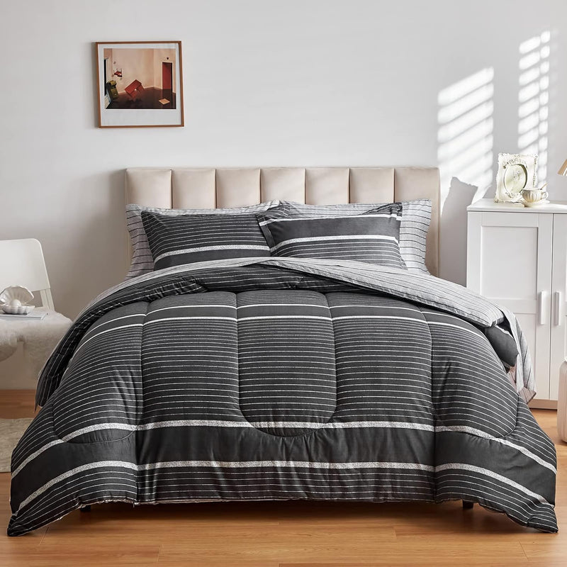 3 Pcs Boho Striped Comforter Set Twin Size For Kids, White Striped On Black Da