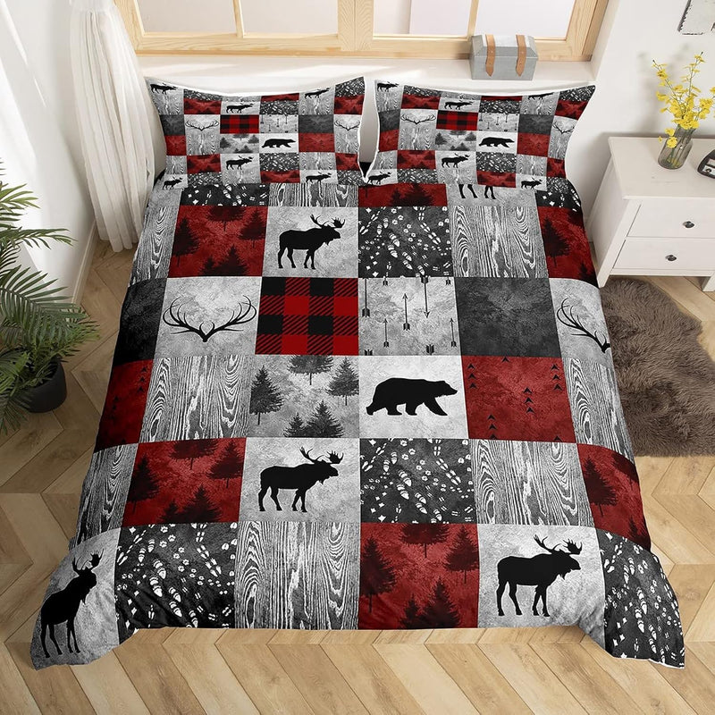 Buffalo Plaid Check Comforter Cover Cabin Bedroom Decor,Bear Elk Antler Deer W