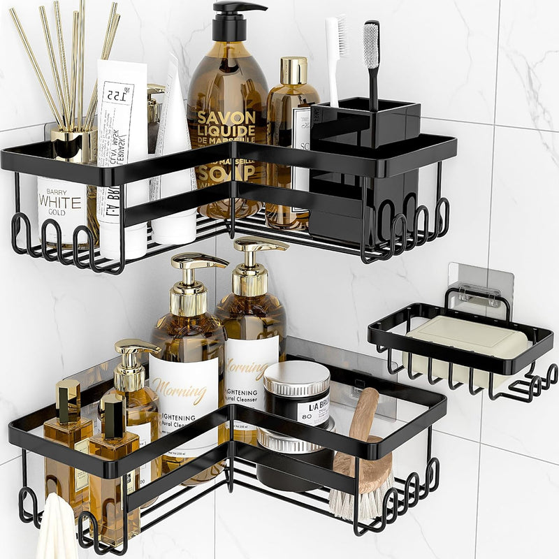 Corner Shower Caddy, 3 Pack Adhesive Bathroom Accessories with Soap Holder, Storage Stainless Shower Organizer Shelf with Hooks, No Drilling Shower Shelves for Bathroom, Dorm and Kitchen
