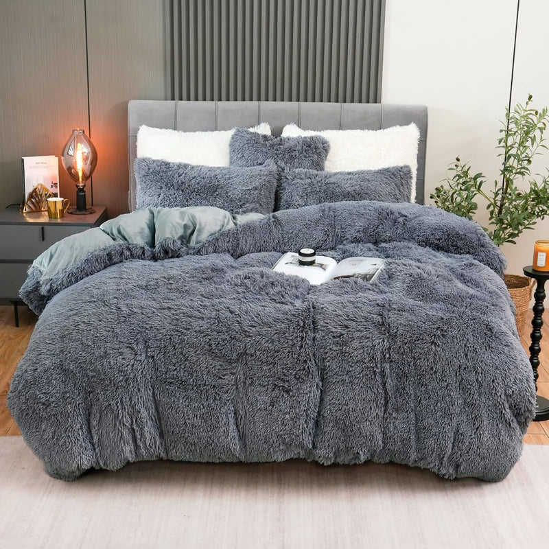 Fluffy Plush Duvet Cover Set Queen Size, Luxury Ultra Soft Velvet Fuzzy Comfor