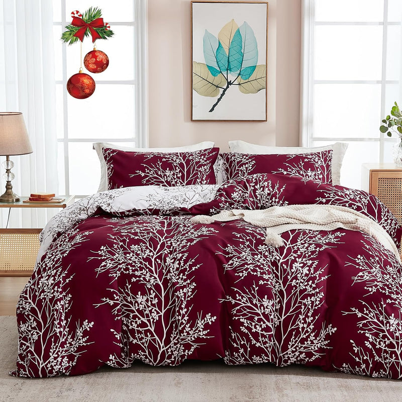 Christmas Queen Comforter Set Christmas Bedding Botanical Leaf Red Floral Comf
