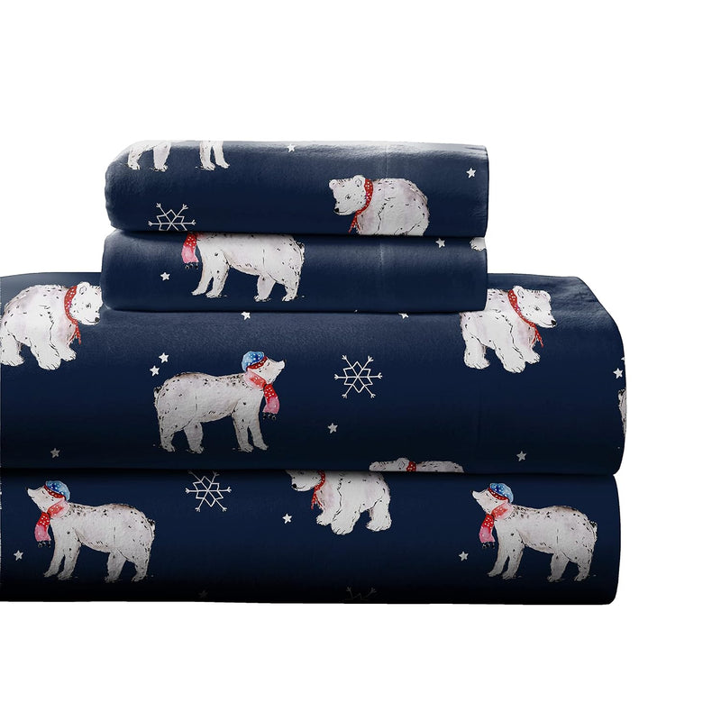 180 Gsm 100% Cotton Flannel Sheet Set - Twin, Snow Bear - Warm & Cozy - Pre-Sh