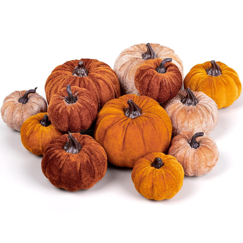 12Pcs Fall Artificial Pumpkins 3 Sizes Fake Velvet Pumpkin Orange Brown Khaki