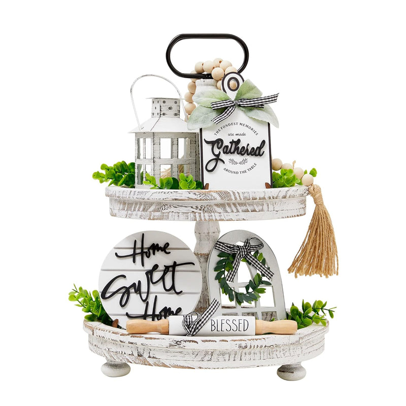 Set Of 16 Farmhouse Tiered Tray Decor With 1 Lantern Artificial Plant& Cutting