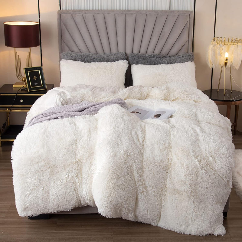 Luxury White Fuzzy Duvet Cover Set Queen Size Fluffy Comforter Cover Set For Q