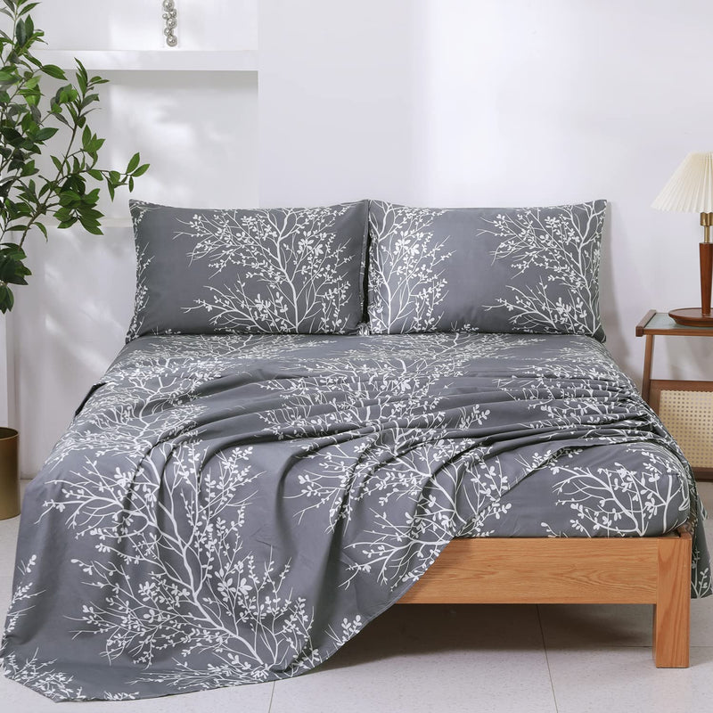 Soft Microfiber Blossom Branches And Leaves Print Pattern Sheet Sets, White/Gr
