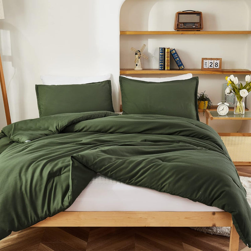 Dark Olive Green Comforter Set King, 3 Pieces Boho Solid Bedding Comforter Set