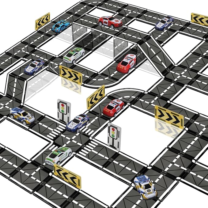Magnetic Road Tiles Set with Pullback Cars for Kids Ages 3+